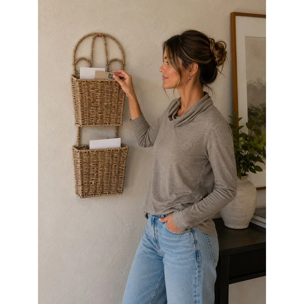 Vintage Woven Seagrass 2 Tier Wall Hanging Basket Organizer Natural Boho Storage